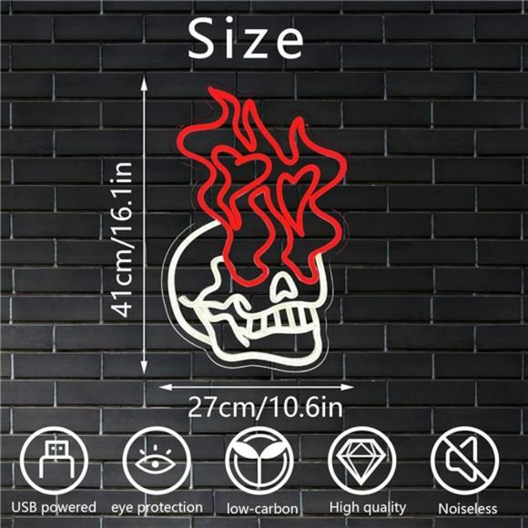 VIVID Neon LED Custom Skull with Flames Wall Sign Bright White and Red Sign - Picture 6 of 6